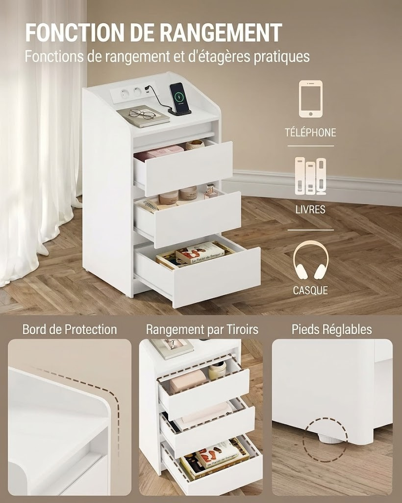 Table de chevet moderne LED – Blanc laqué avec prises USB & rangement XXL