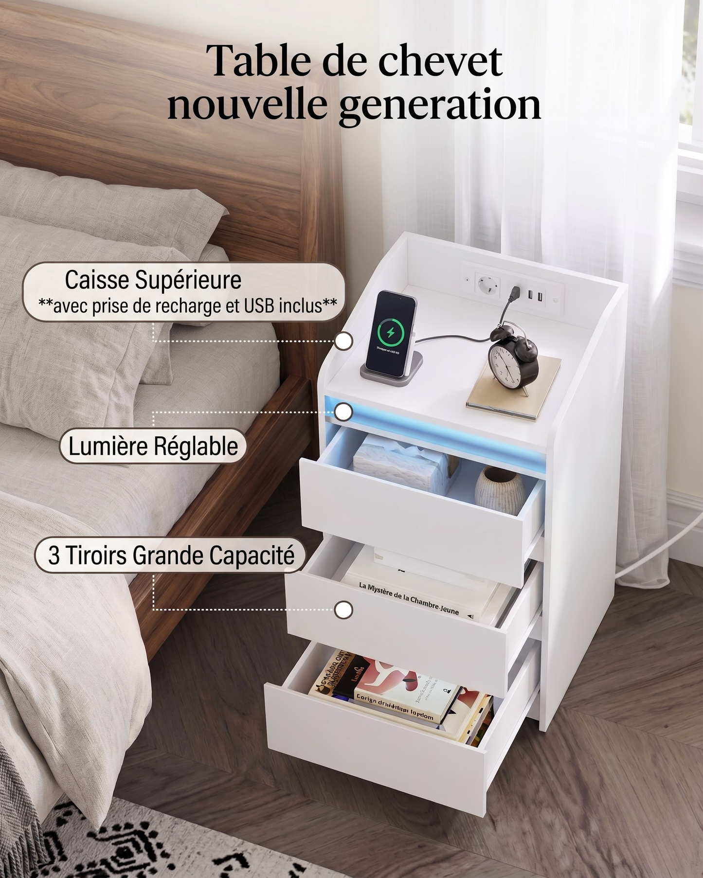 Table de chevet moderne LED – Blanc laqué avec prises USB & rangement XXL