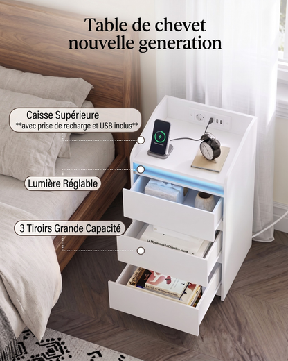Table de chevet moderne LED – Blanc laqué avec prises USB & rangement XXL