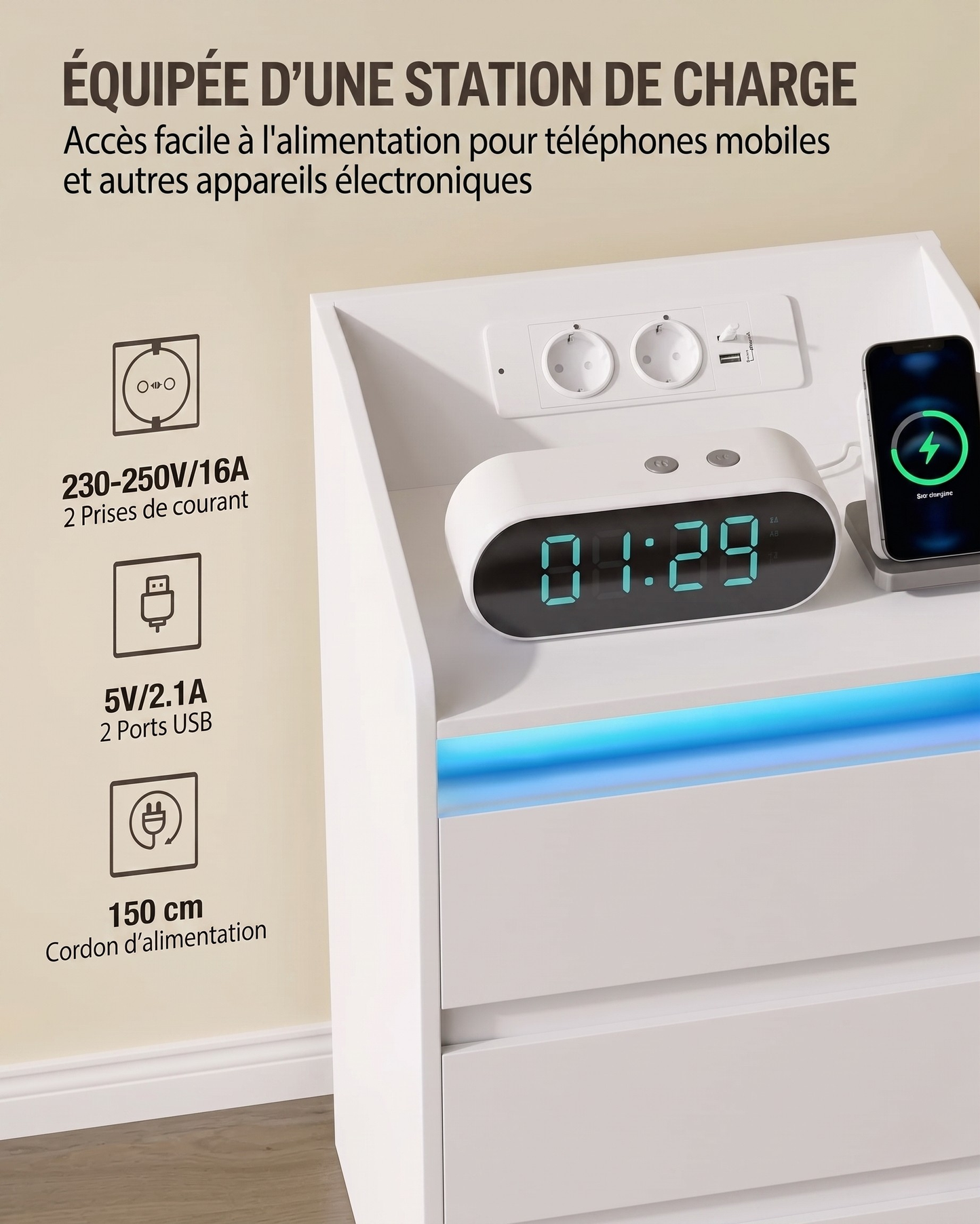 Table de chevet moderne LED – Blanc laqué avec prises USB & rangement XXL