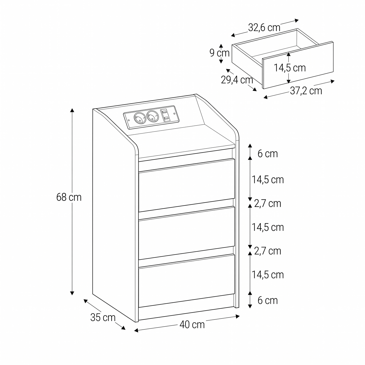 Table de chevet moderne LED – Blanc laqué avec prises USB & rangement XXL