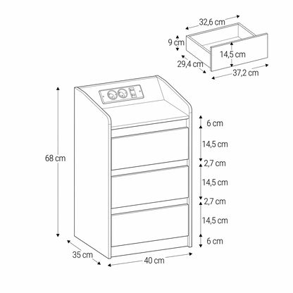 Table de chevet moderne LED – Blanc laqué avec prises USB & rangement XXL