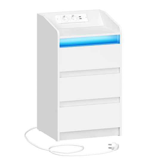 Table de chevet moderne LED – Blanc laqué avec prises USB & rangement XXL